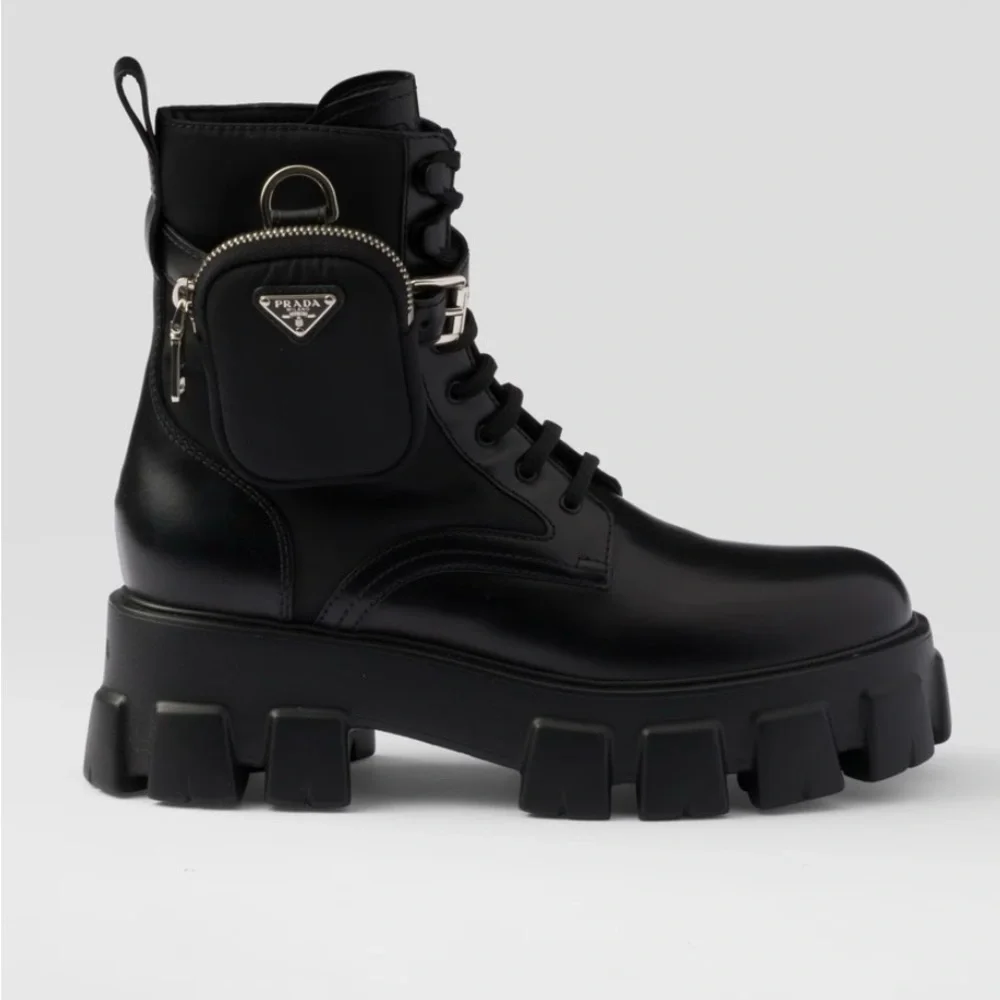 Prada Black Leather Lug-Sole Combat Boots with Detachable Mini Pouch - Picture 2 of 16